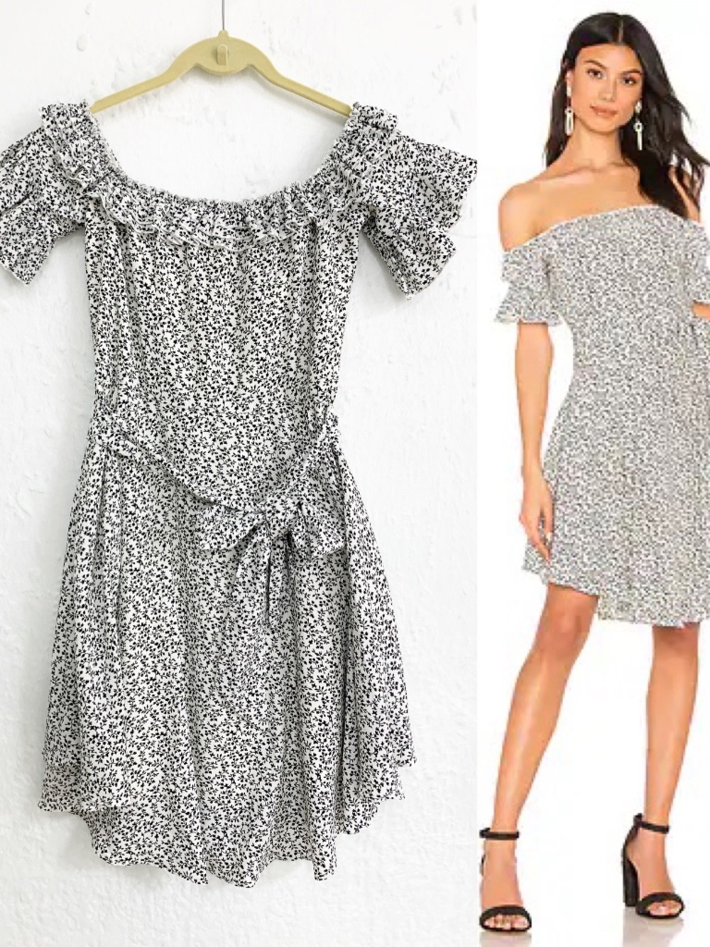 Tularosa Ciao Bella Ditsy Floral Off-Shoulder Dress Black & White Sz S